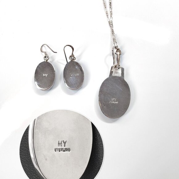 Native American Blue Opal Necklace Earrings Set Oval 925 Sterling Signed MY - Picture 11 of 12